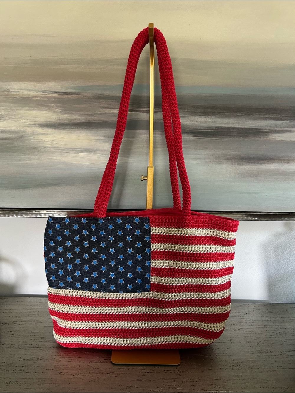 Crochet American Flag Shoulder Tote Bag NWOT 14.5x9.5